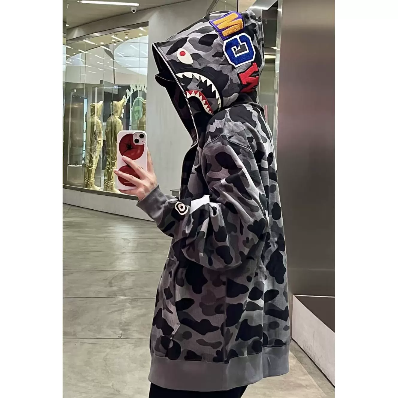 Mzc Shark Camo plaid camouflage zipper luminous shark hoodie trendy couple hooded jacket