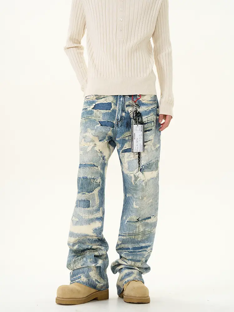 Oro's store American vintage digital direct injection hole jeans men's niche design sense gangster handsome high street pants tide