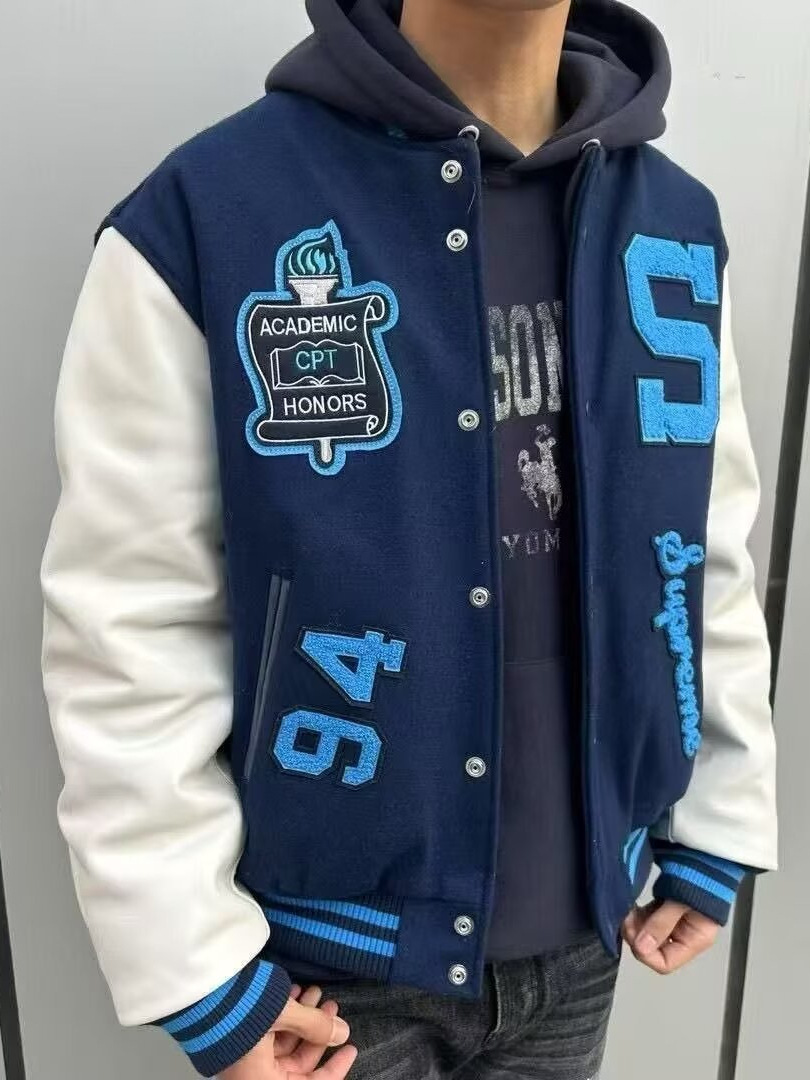 European and American Style Baseball Jacket Spring and Autumn Trendy Brand Heavy Craft Embroidery Patchwork Leather Sleeve Biker Versatile Jacket Cross-Border Coat