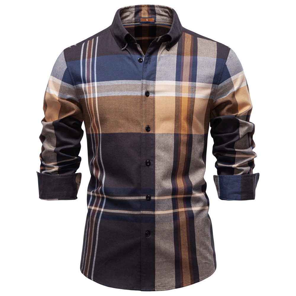 2025 Autumn and Winter New Cross-Border High-Quality Plaid Shirt Men's Pure Cotton Business Casual Foreign Trade Long-Sleeved Shirt Men