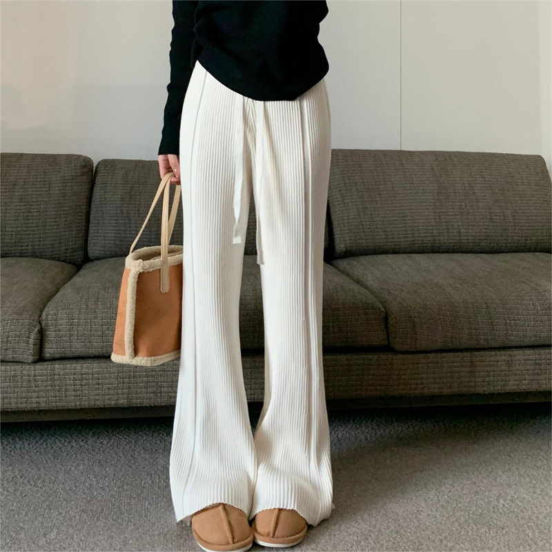 Kaning Knitted Ribbed Wide-Leg Pants for Women 2026 Autumn New High-Waisted Drawstring Loose Slimming Knit Casual Pants
