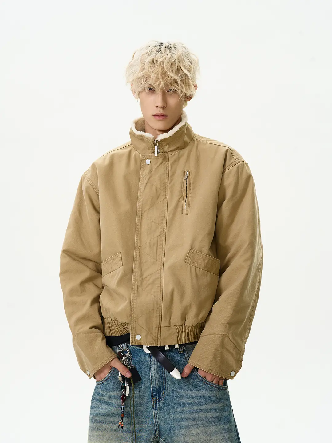 A Puee American Retro Bomber Stand-Collar Flight Jacket Cotton Coat Winter Fleece Short Boxy Workwear Jacket