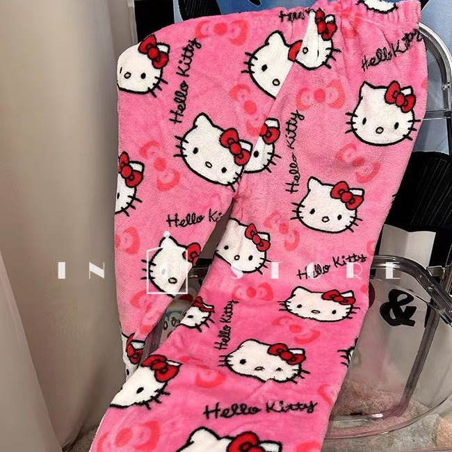 Foreign Trade Cartoon Kt Cat Printed Thick Women's Coral Fleece Autumn and Winter Home Casual Flannel Pajama Pants for Outdoor Wear Fotografie QC de pe 1688 pe Qualit.ly