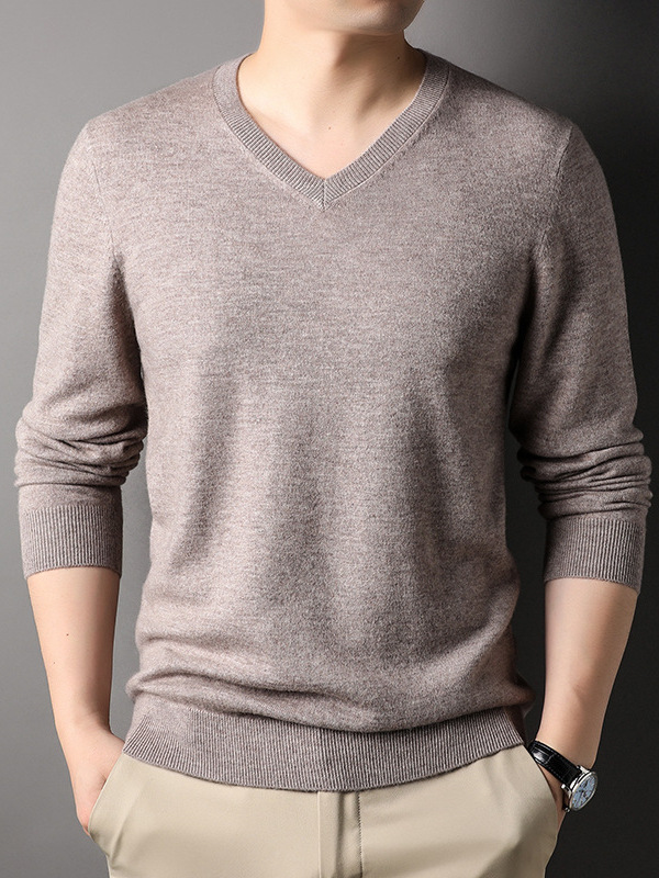 Pure Wool Men's High-end Chicken Heart V-neck Casual Knitwear Autumn and Winter All-match Loose Long-sleeved Base Shirt Sweater