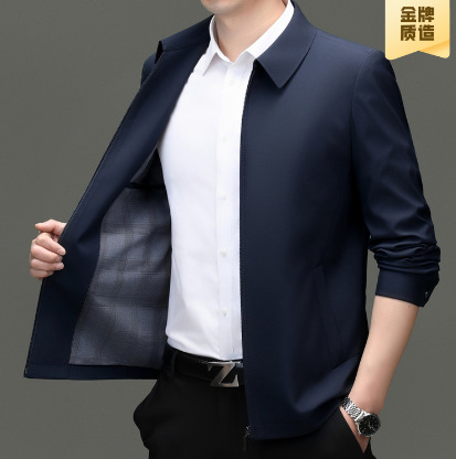 Spring and Autumn Men's New Style Jacket, Middle-Aged Business Casual Lapel Coat, Solid Color Zipper Top, Trendy Dad Wear