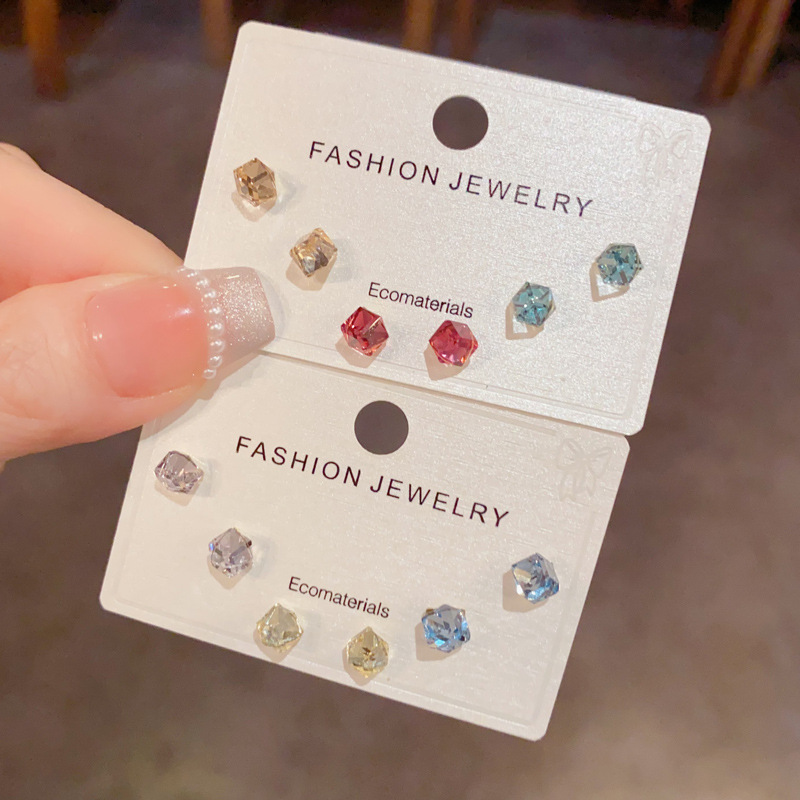 Spring New Fashion Simple Colorful Crystal Cube Three-Piece Set of Earrings for Daily Commuting, Exquisite and Versatile Earrings for Women
