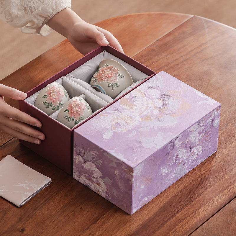 Caramel-Colored Clay Hand-Painted Peony Flower Teacup Set with Two Cups for Women, Exquisite Tea Set Gift