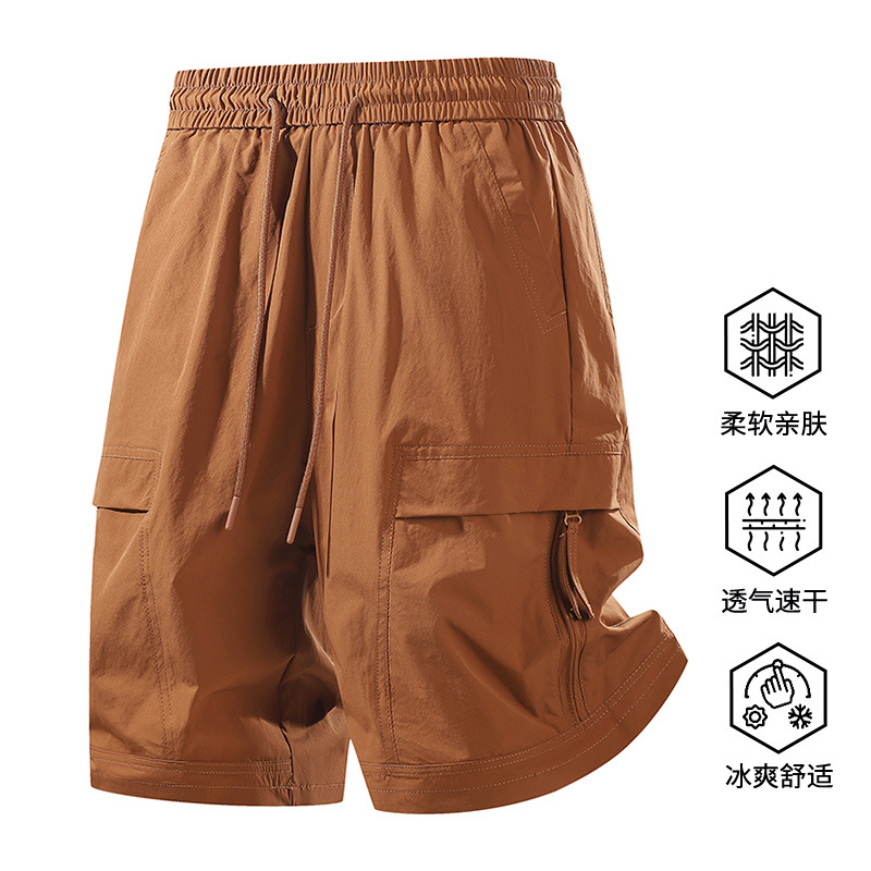 26 Summer Men's Work Shorts Loose Elastic Waist Multi-Pocket Zipper Breathable Casual Sports Versatile Five-Point Shorts