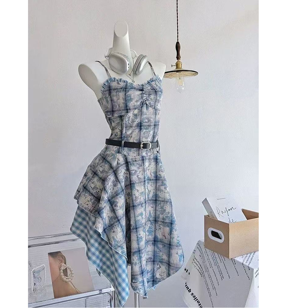 American-Style Blue Tie-Dye Plaid Suspender Dress for Women, New Summer Style, Elegant Waist-Cinching, Slimming, Irregular Mid-Length Dress