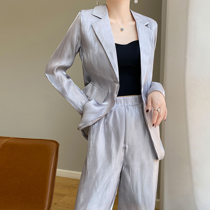 Ice Silk Triacetate Satin Suit suit Women's Summer Thin Elegant Light Mature Wind Sunscreen Two-piece Wide-leg Pants