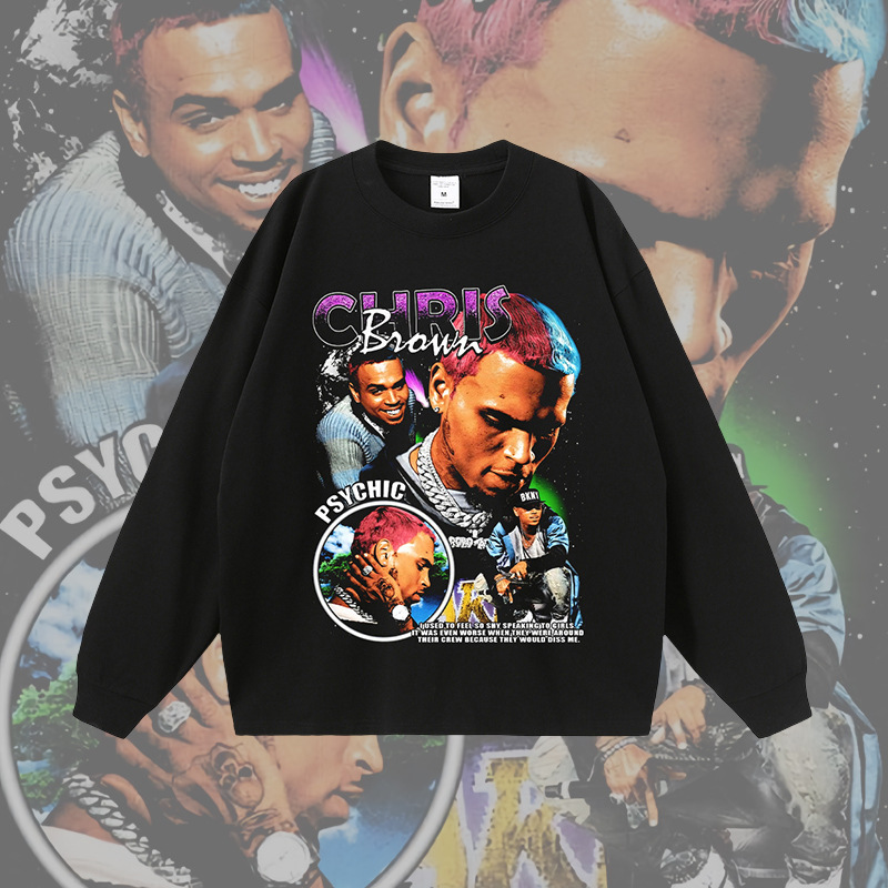 American hiphop street rap portrait print washed distressed long sleeve T-shirt men and women oversize short half sleeve t