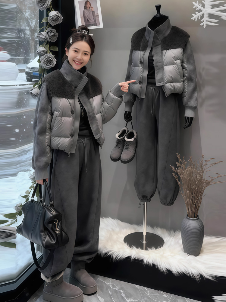 Very Stylish Two-Piece Winter Outfit, a Complete Set of 2025 New Lamb Wool Spliced down Cotton Jacket and Jogger Pants