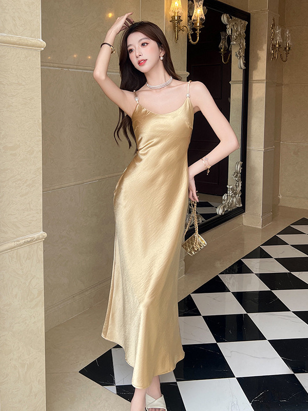 Elegant 2026 Summer New Style High-End Satin Camisole Dress, High-Waisted Sleeveless Mid-Length Gown for Women