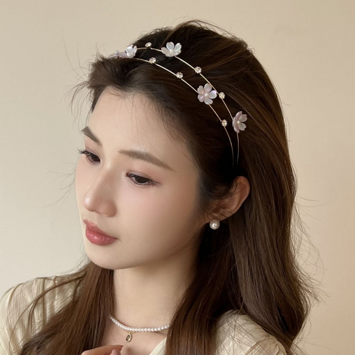 New Metal Pearl Rhinestone Flower Cross-border Hair Band Women's Autumn and Winter Headwear Hair Bundles Headband Antique Hair Stamp
