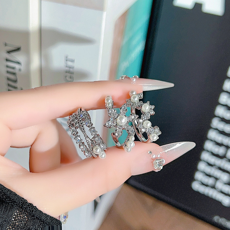 French-Style Light Luxury Star Multi-Layer Pearl and Diamond Open Ring, Socialite Style, Young Girl's Niche Design, Stackable Index Finger Ring