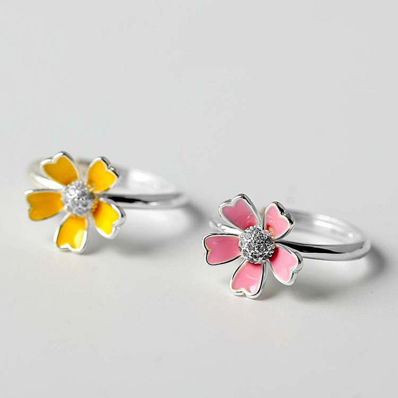 Korean Style Mori Flower Ring Fashion Elegant Trendy People Drop Glue Pink Five-petal Flower Zircon Open Ring Finger Ring Jewelry