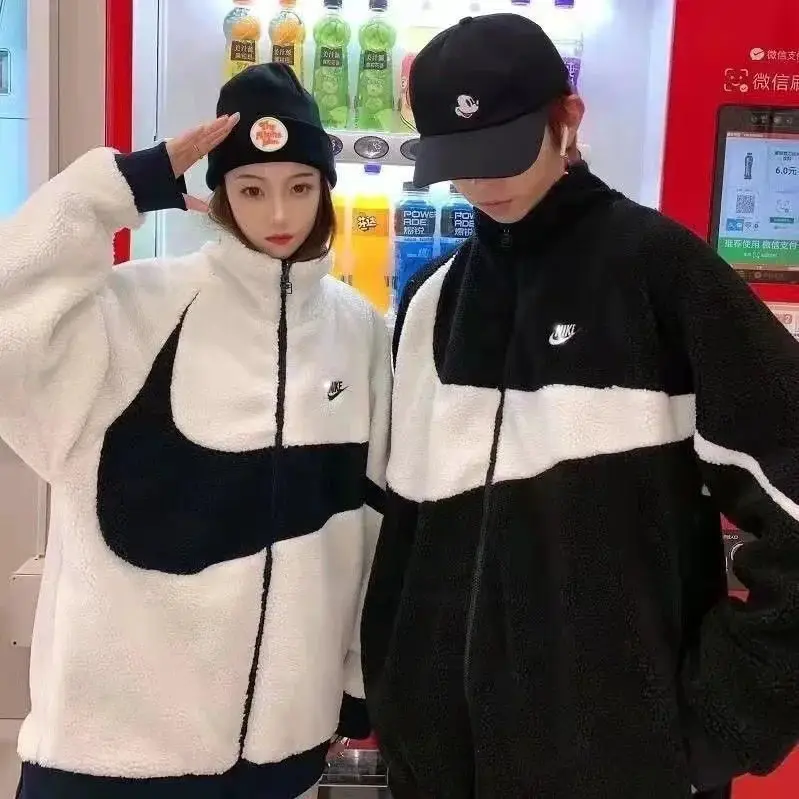 Winter coat fleece big logo unisex double-sided jacket lamb fleece couple stand up collar trench coat - OB