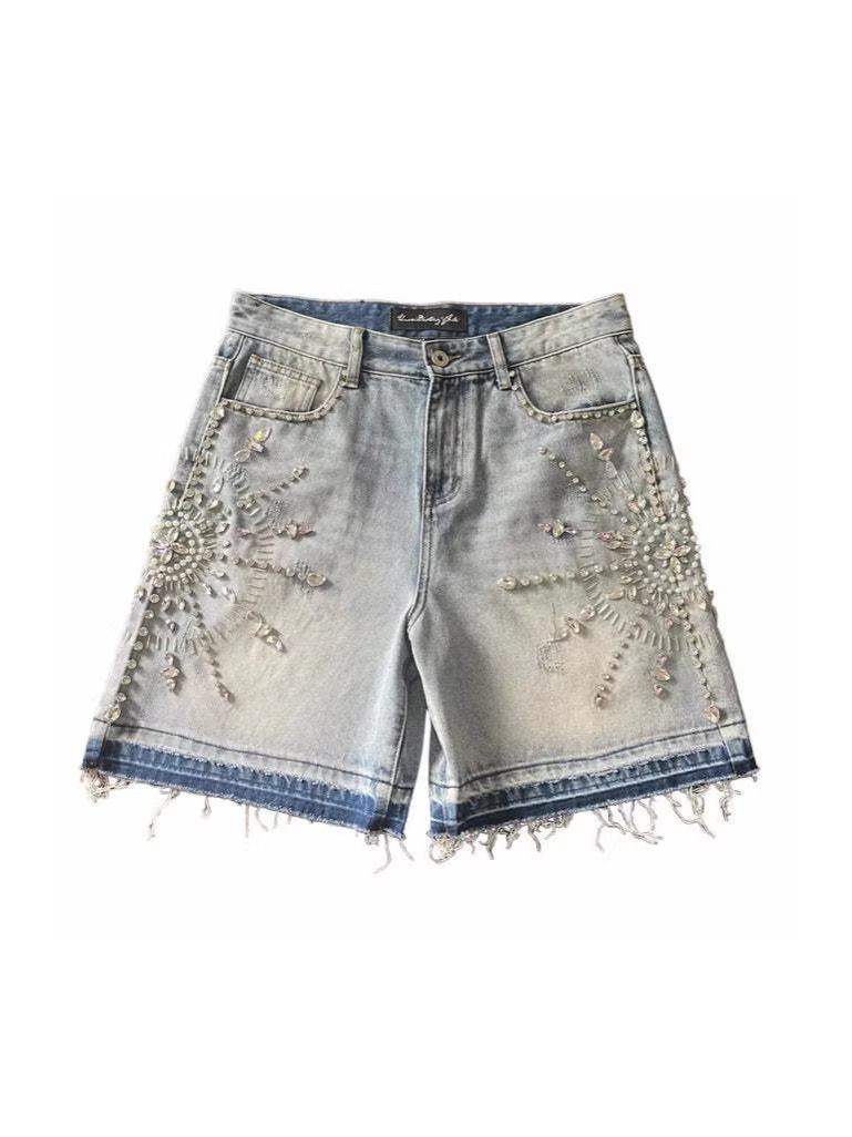 2026 New Summer High-End European and American Style Trendy Street Fashion Rhinestone-Decorated Denim Shorts for Men, High Street Niche