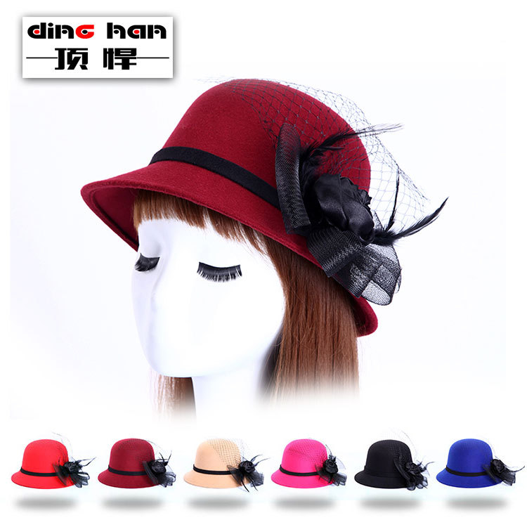 Tough new ribbon rose flower hat ladies gauze elegant temperament wool felt hat wholesale