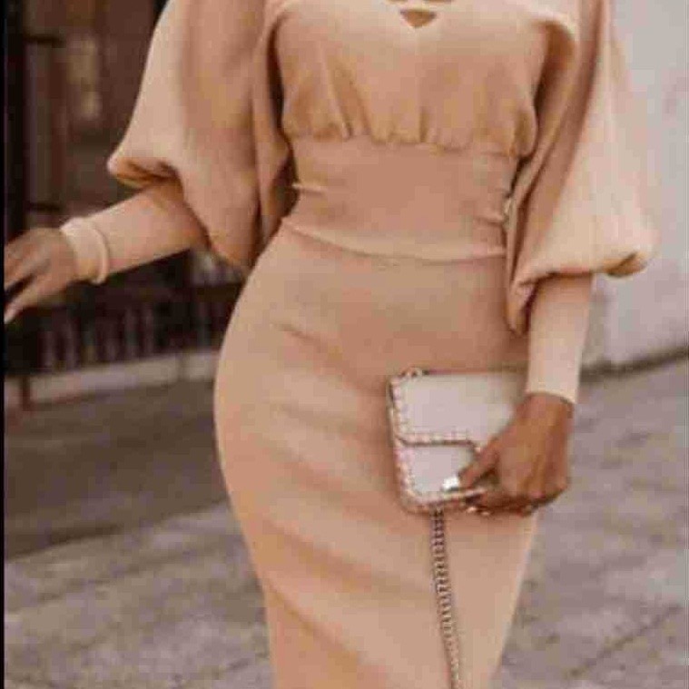2024 Amazon European and American Women's Clothing Solid Color Slim Fit Lantern Sleeve High Waist Bodycon Midi Dress European and American Style