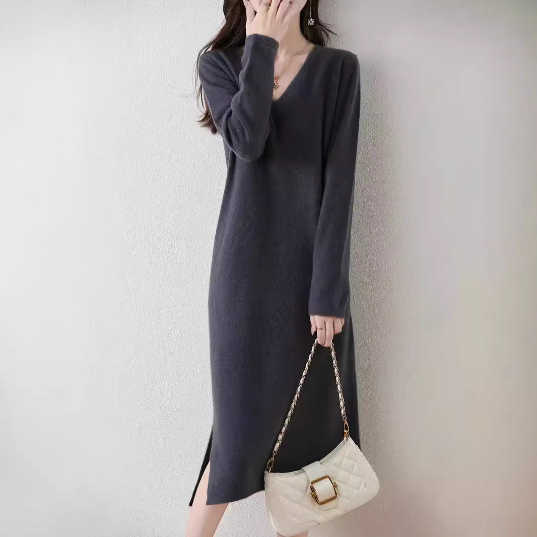 V-Neck Knitted Wool Dress for Women, Autumn and Winter, Over-The-Knee, with Slit, Suitable for Layering with a Coat, Mid-Length Sweater Dress