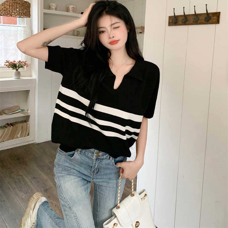 26 Summer Knit Large Size Polo Collar Striped Short Sleeve T-Shirt for Women, Loose Fine Wool Slimming Knit Top