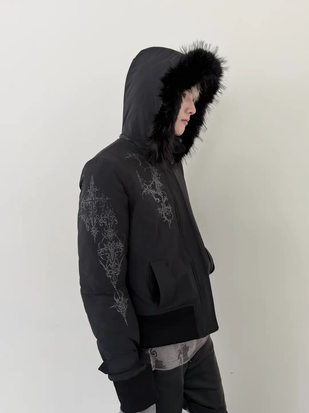 Fromtheisland Visual Print Cotton Jacket with Detachable Fur Collar and Ribbed Stitching, Warm Autumn and Winter Coat