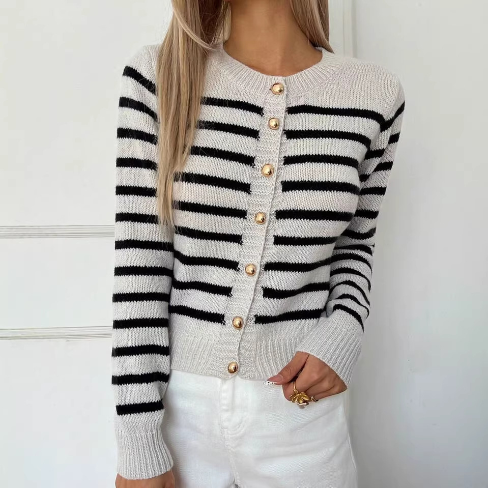Amazon Color-Block Striped Knit Cardigan for Women, Autumn Vintage Top, High-End Chanel-Style Sweater with Gold Buttons
