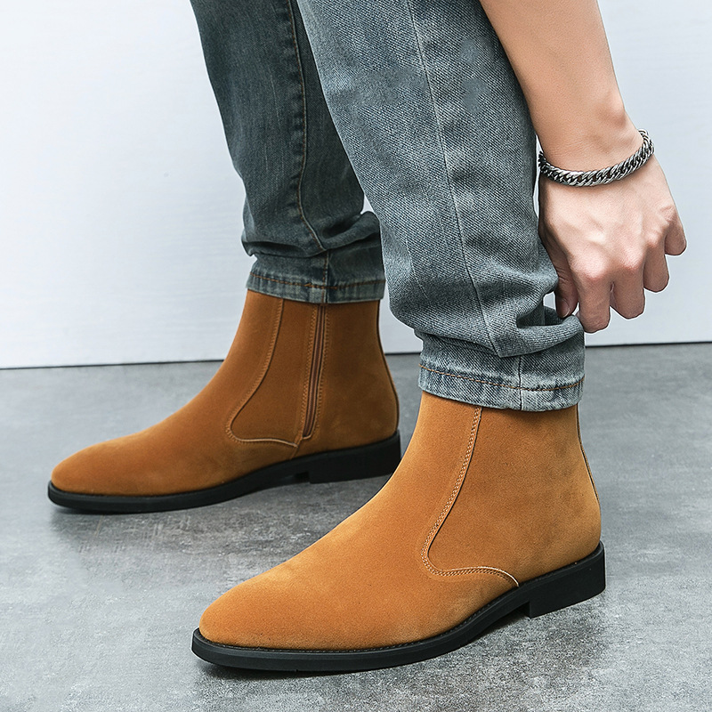 European and American plus size Velvet Chelsea Boots 2024 Autumn British High-top Martins 46 Size Zipper Leather Boots Men's Shoes