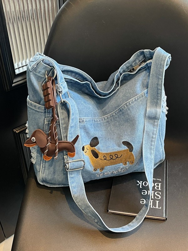 Fashionable Embroidered Puppy Denim Bag for Students, Versatile Large-Capacity Casual Textured Shoulder Crossbody Bag for Women