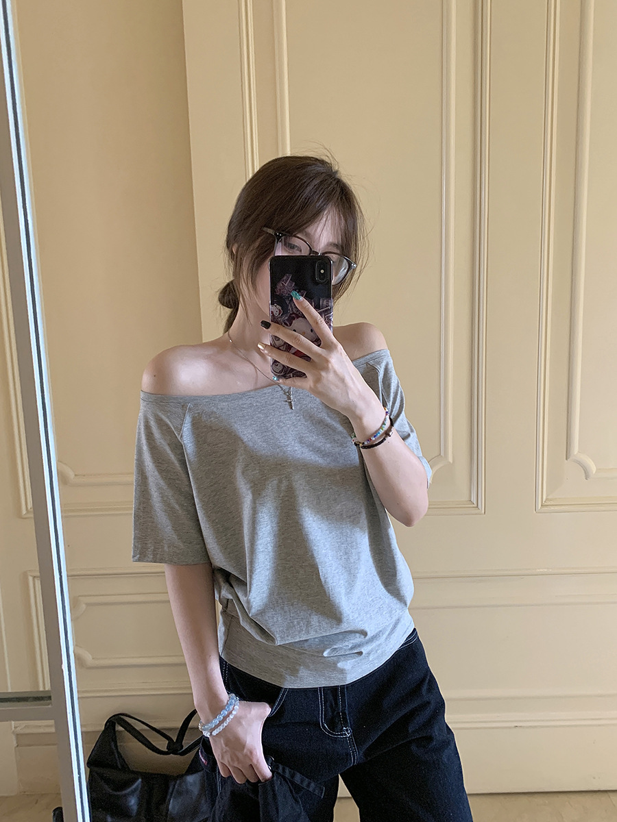 Niche Design Sense Shoulder Grey Short-sleeved T-shirt Women's Summer Chic Loose Casual Simple Slant Shoulder Black Top