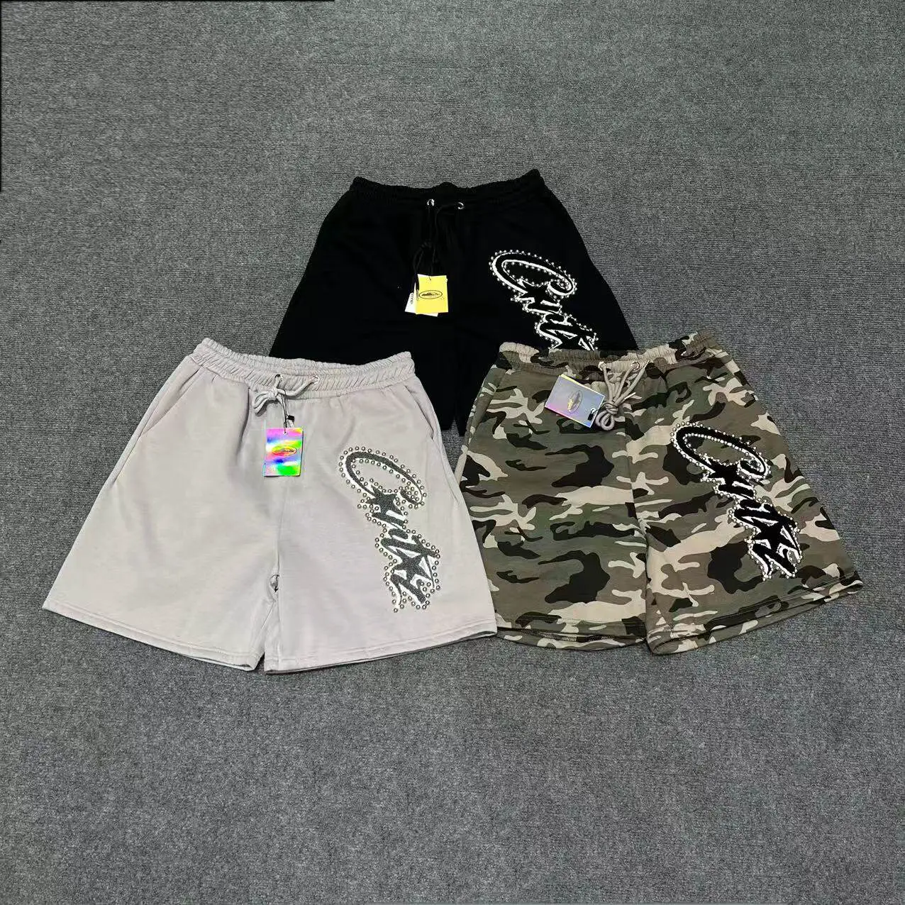 Corteiz American-Style Alcatraz Embroidered Letter Beaded Design Shorts Street Casual Unisex Straight-Leg Knee-Length Shorts