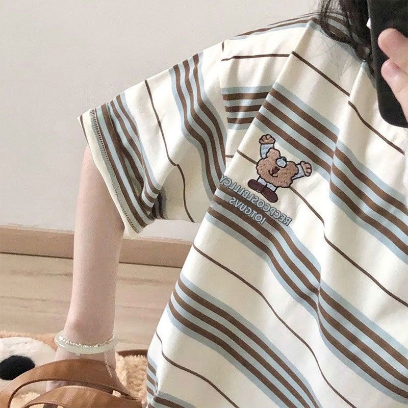 2026 Spring/Summer New Style Bear Embroidery Striped Round Neck Short Sleeve T-Shirt Loose Design Unique Top for Women
