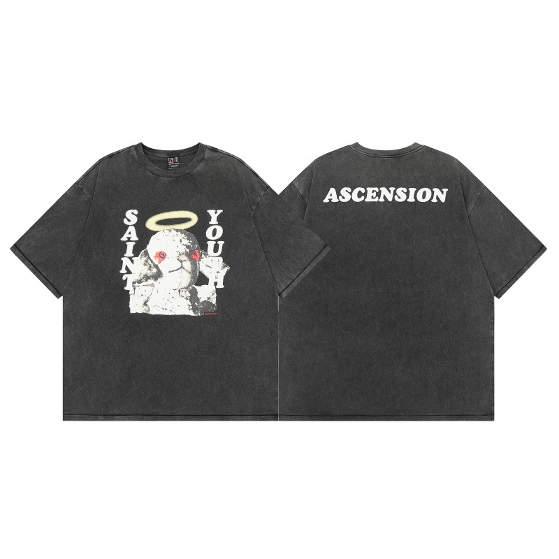 Cross-Border Saint Michael Vintage Black t Shirt White Ink Direct Spray High Street Fashion Brand T-Shirt