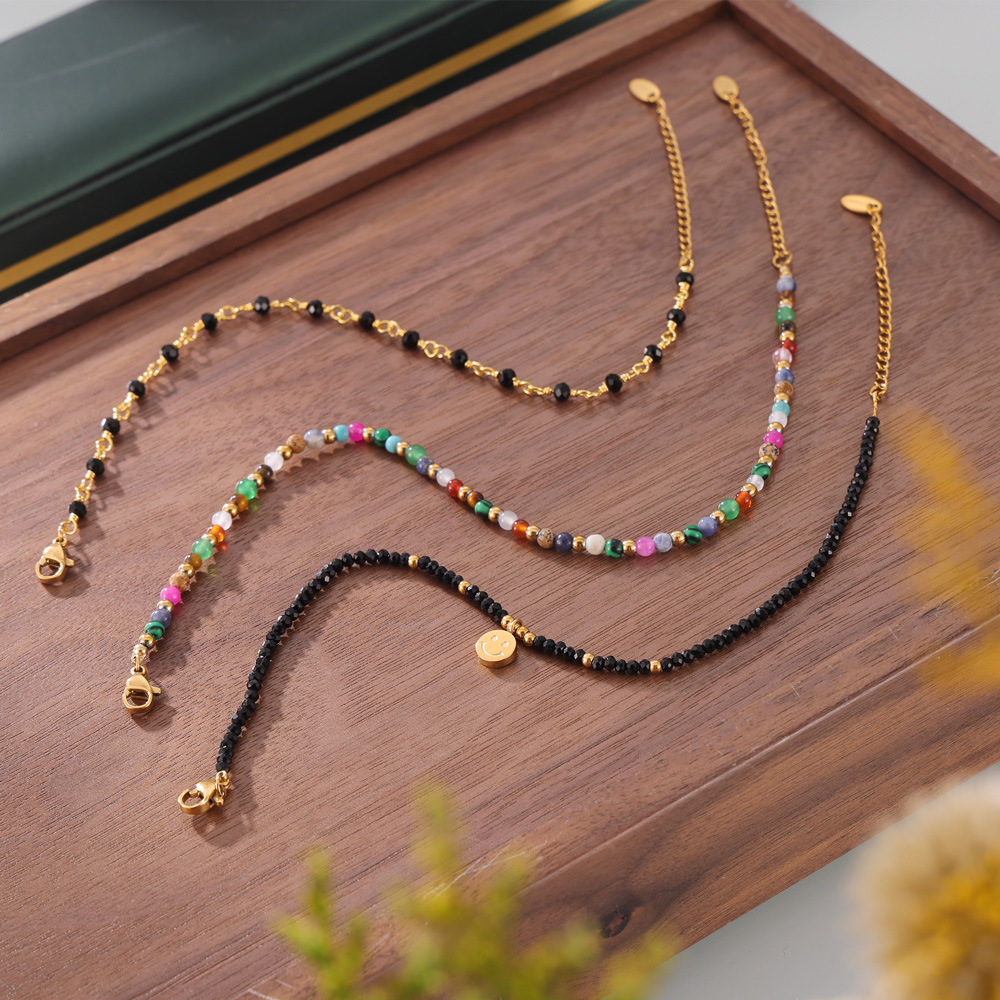 Japanese and Korean Color Natural Stone Handmade Beaded Anklet for Women Temperament Personalized Simple Titanium Steel Plated 18K Gold Color Foot Chain