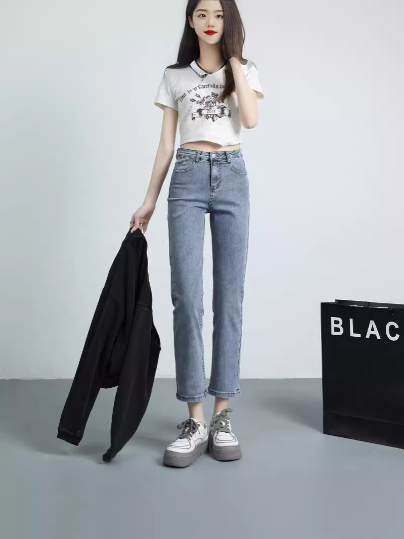 Factory goods through high waist small straight jeans spring new slim 89 points pipe pants stretch small baguette