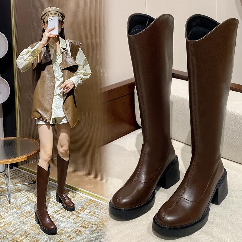 Women's Long Boots Winter Fleece-lined Women's Boots V Knight Boots Thick Leg High Boots High Heel Boots Big Size Boots for Chubby Girls