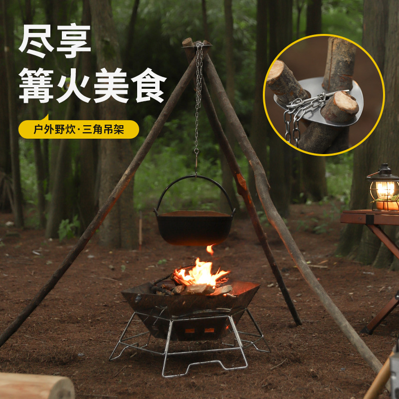 Outdoor Hanging Pot Bracket Triangle Tree Pole Rack Camping Bonfire Rack Stainless Steel Hanging Ring Tripod Tree Rack Portable Pot Rack