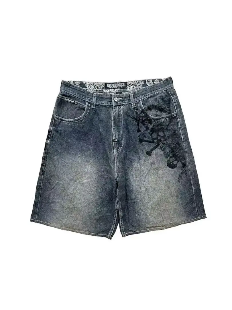 American Vintage Street Denim Shorts Distinctive Graffiti Print Casual Loose Distressed Washed Medium Pants