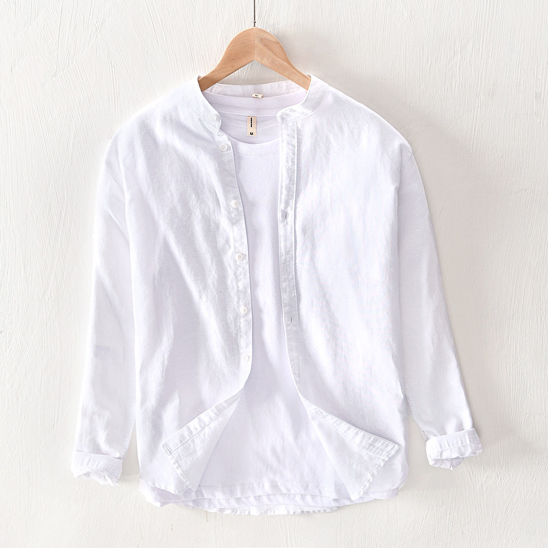606 740 Oxford Spinning Shirt Men's Casual Loose Collar Cotton Linen Thin Long Sleeve Shirt Men's Hair