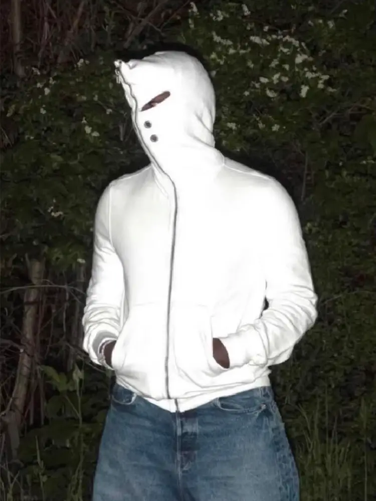 Oneofyou Dark Multi-Color Shark Head Full Zip Long Zipper Sweatshirt Men's Ro Masked Metal Hole Hoodie