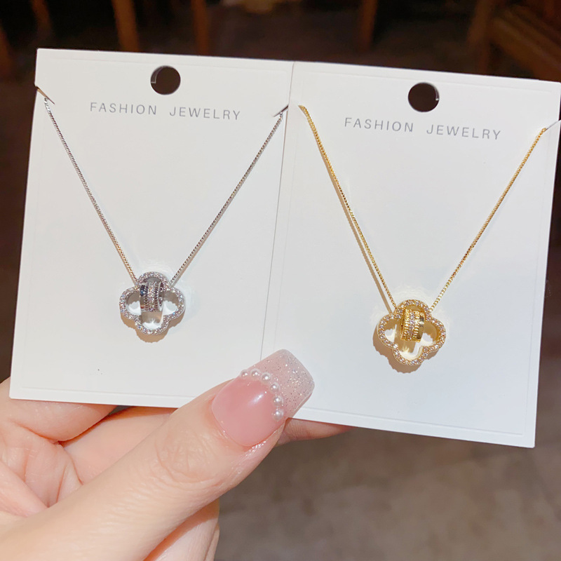Spring 2024 New Exquisite Fashion Micro-inlaid Zircon Four-leaf Flower Necklace Niche Entry Luxury Small Barbarian Waist Clavicle Chain for Women