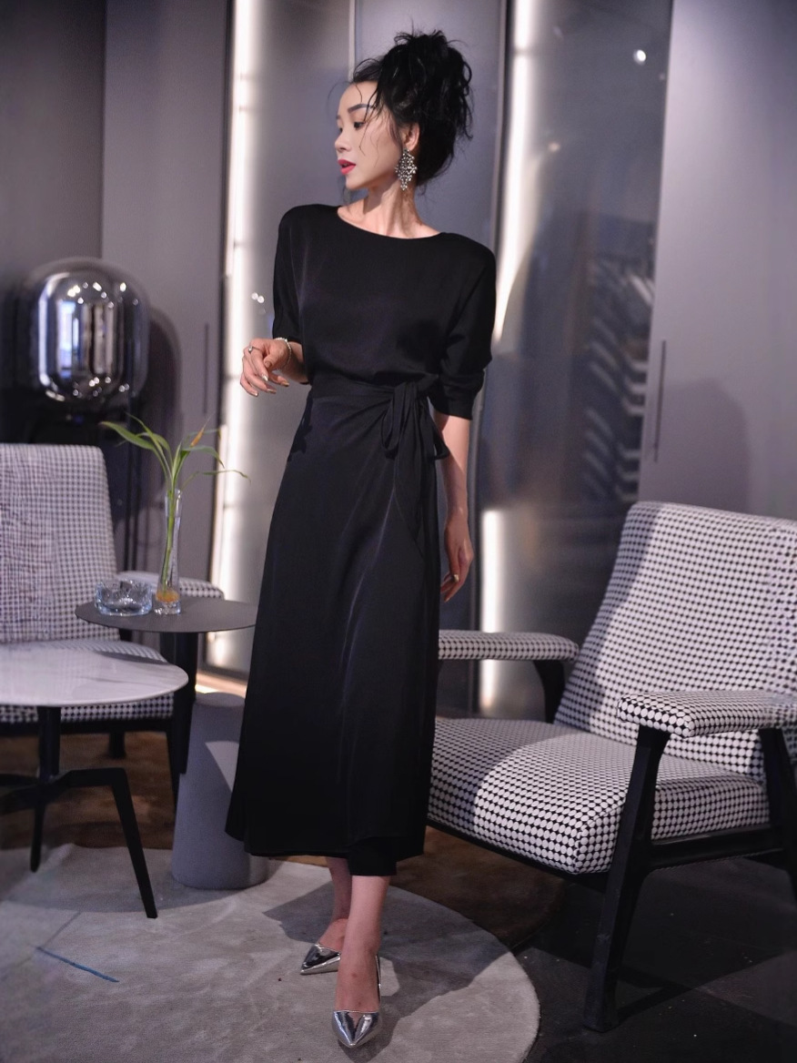 2025 Summer Retro Women's High-End Acetate One-Piece Dress Simple Style Lace-Up Slim Dress