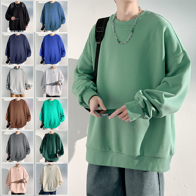 Solid Color Men's Sweat 2024 Autumn and Winter New Heavy Korean Loose Shoulder Crewneck Couple Clothes All-match Sweat Fashion