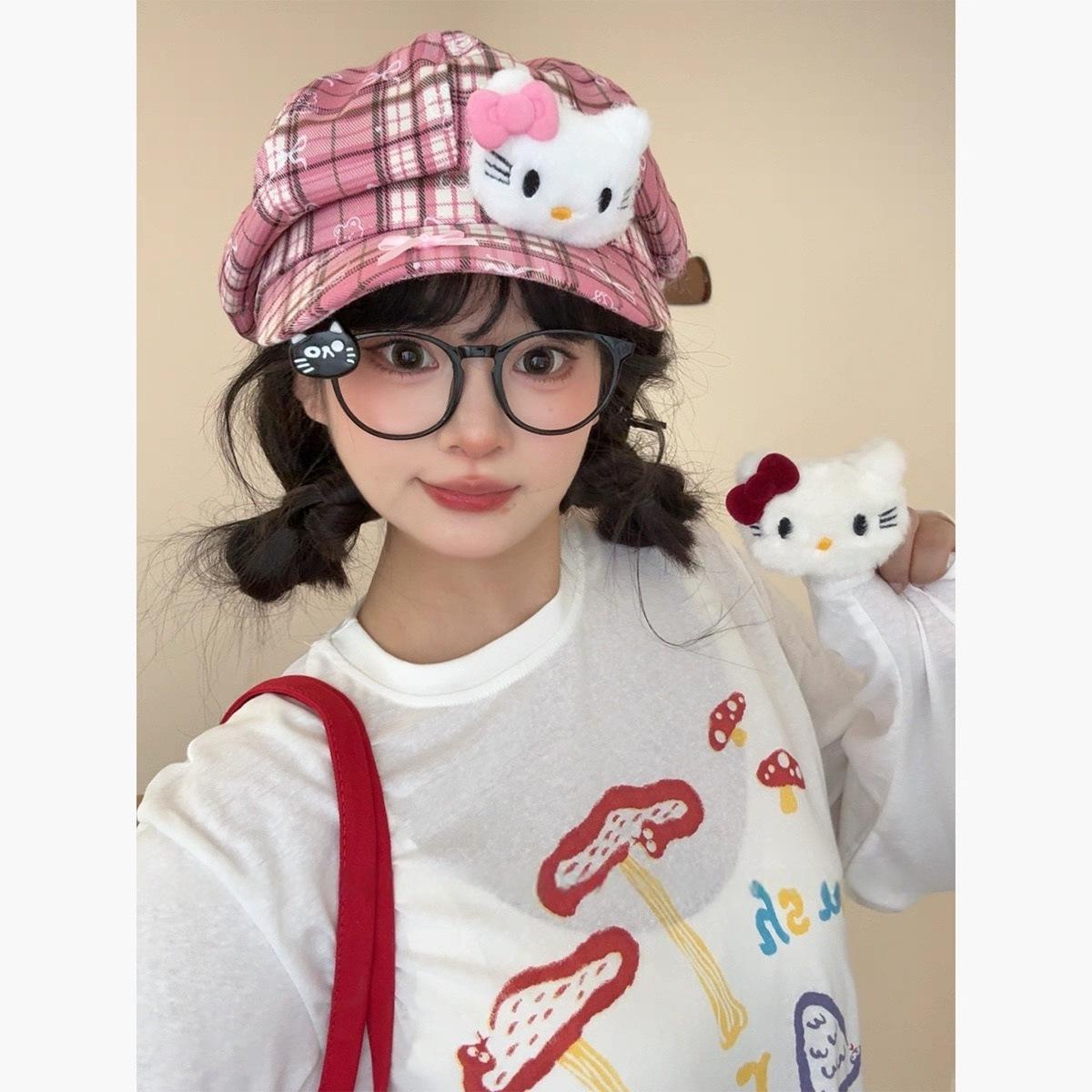 Japanese-Style Vintage Cute Kitty Plaid Newsboy Cap for Women, Face-Slimming Beret, Sweet Versatile Trendy Forward Cap