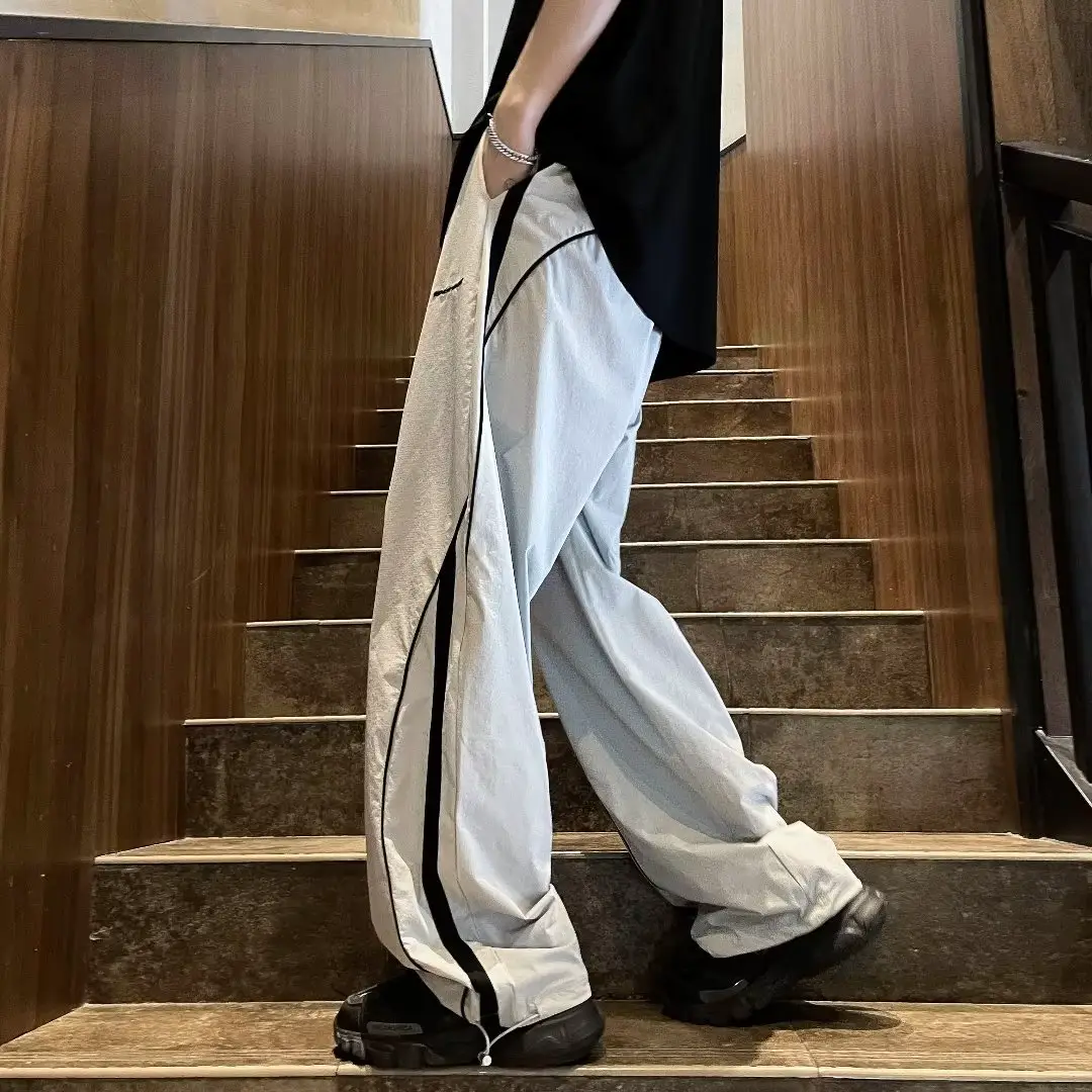 Pants men's summer thin American high street ruffle handsome functional pants loose straight wide leg casual sports trousers