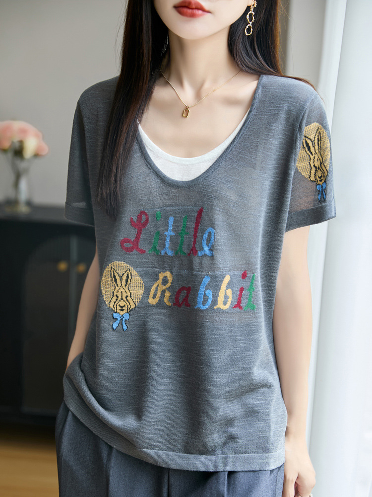 14-Gauge Bamboo Knit Faux Two-Piece Rabbit Short-Sleeve Top for Women, Cute Bunny Print, Sweet and Versatile College Style for Spring and Summer