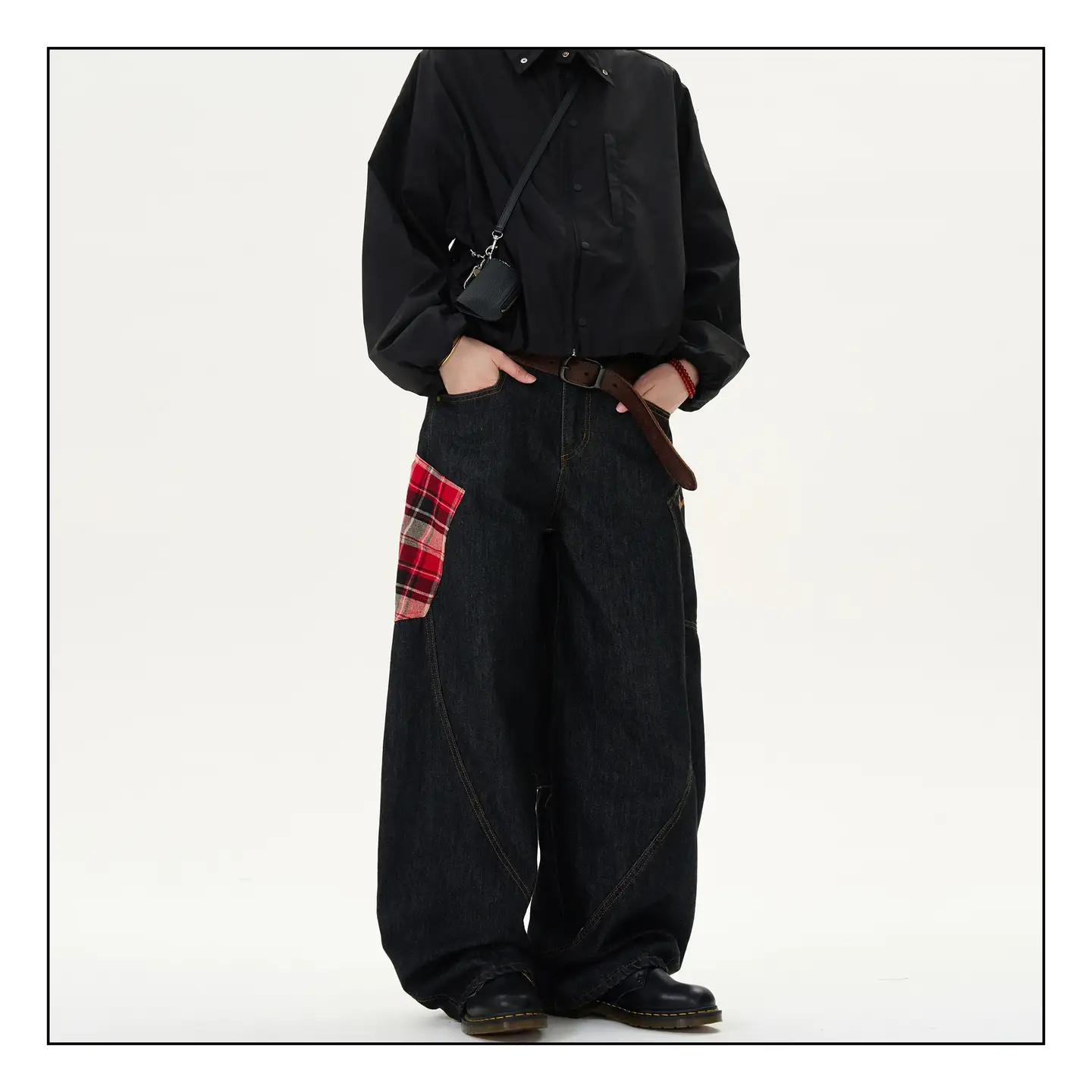 Madwitch American Retro Scimitar Jeans for Men and Women Loose Vintage Splicing Red Plaid Pants ins