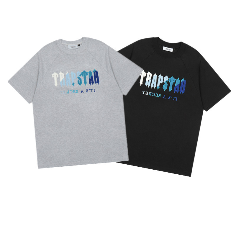 Summer Niche Trapstar Letter White Blue Towel Embroidered T-Shirt for Men and Women Couple Loose Casual Short-Sleeved Ins