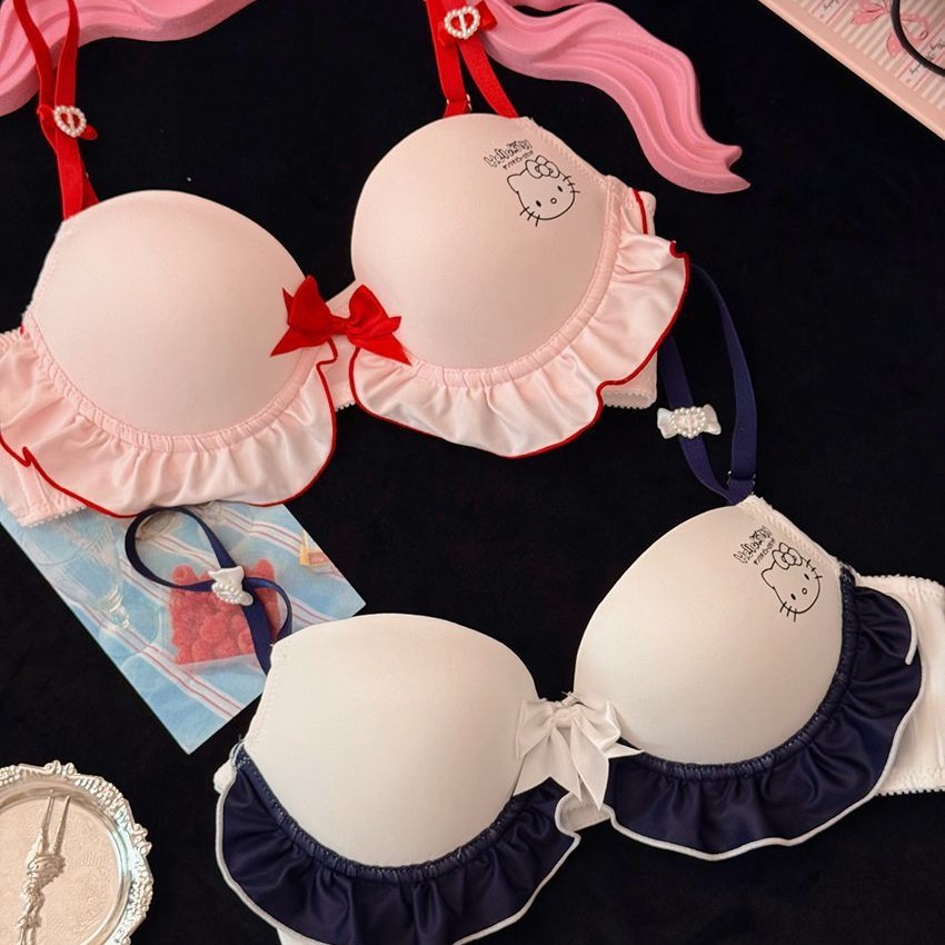 Japanese-Style Kitty Print Underwear, Wireless, Comfortable, Cute, Sweet, Thin, Breathable Bra Set for Students